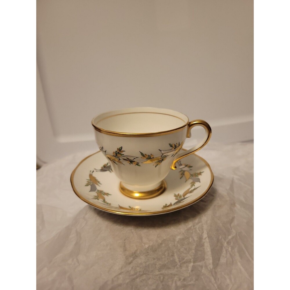 Vintage Salisbury Tea Cup & Saucer Bone China, England, Gold Silver Leaf Leaves